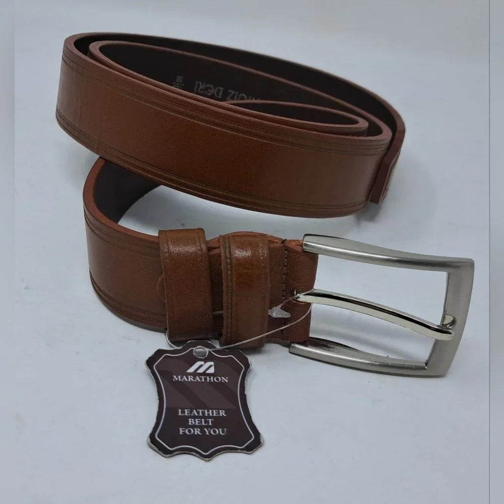 NWT Marathon Men's Leather Belt Brown Silver Buckle Size 41-45